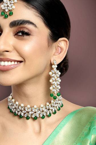 Aheli kundan green faux pearl wedding choker necklace with earring maang tikka jewellery set