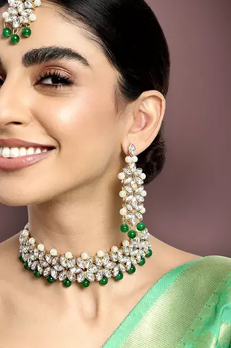Aheli kundan green faux pearl wedding choker necklace with earring maang tikka jewellery set