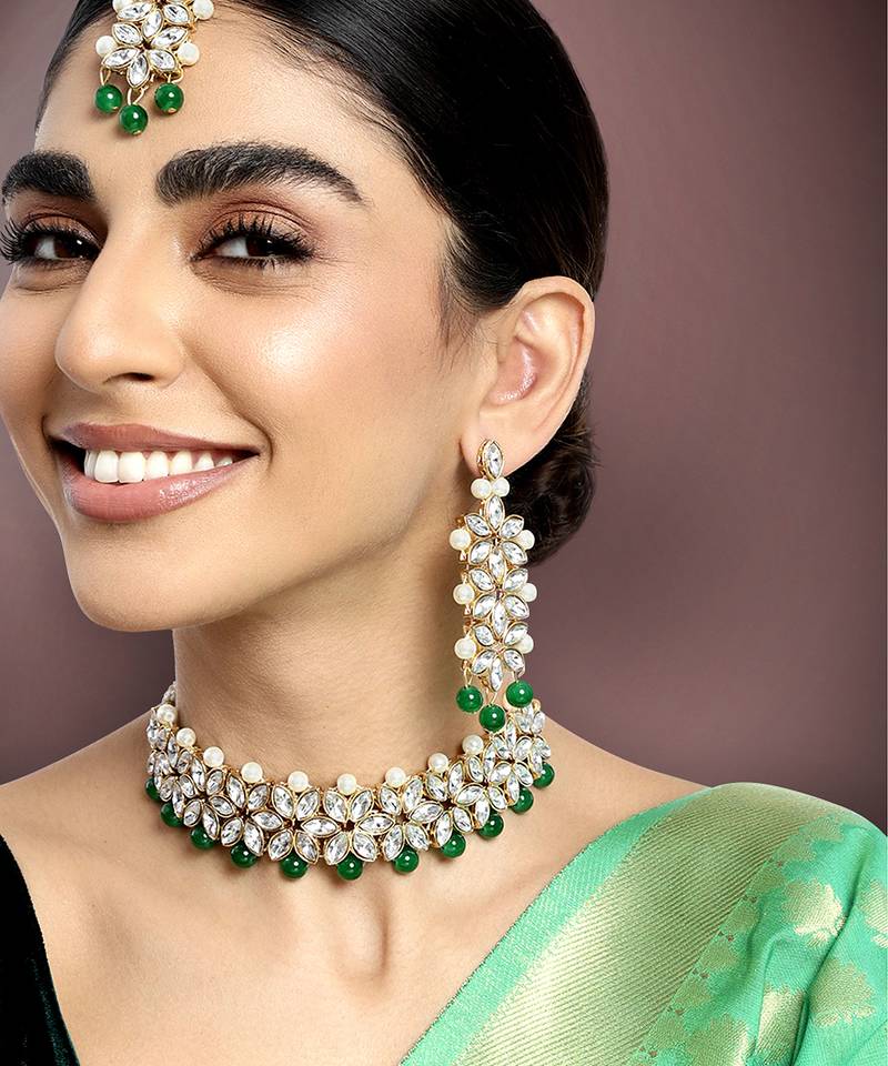 Aheli kundan green faux pearl wedding choker necklace with earring maang tikka jewellery set