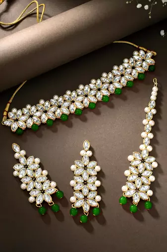 Aheli kundan green faux pearl wedding choker necklace with earring maang tikka jewellery set