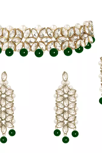 Aheli kundan green faux pearl wedding choker necklace with earring maang tikka jewellery set