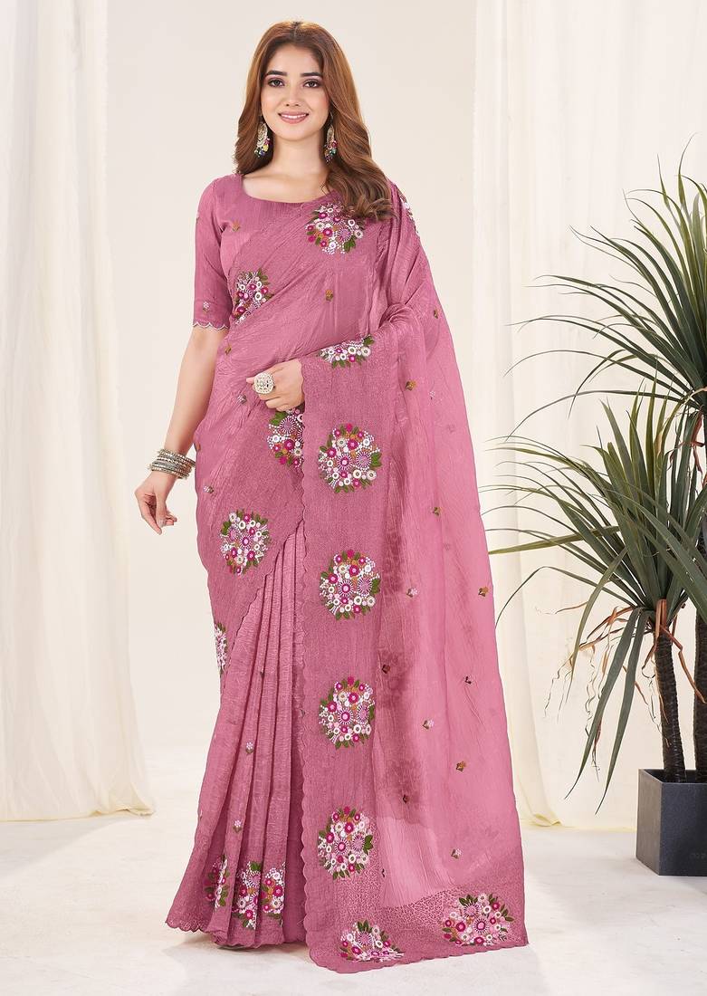 Pink embroidered blouse with embroidered saree