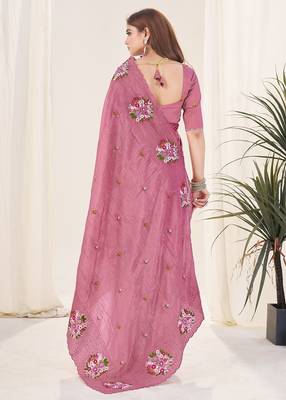 Pink embroidered blouse with embroidered saree 2