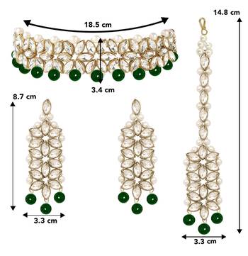 Aheli kundan green faux pearl wedding choker necklace with earring maang tikka jewellery set 4