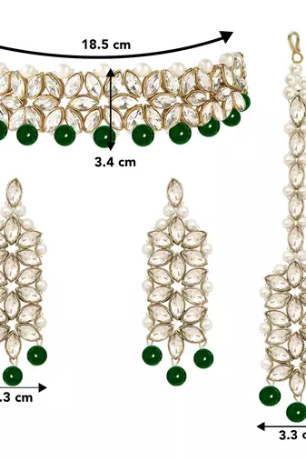 Aheli kundan green faux pearl wedding choker necklace with earring maang tikka jewellery set