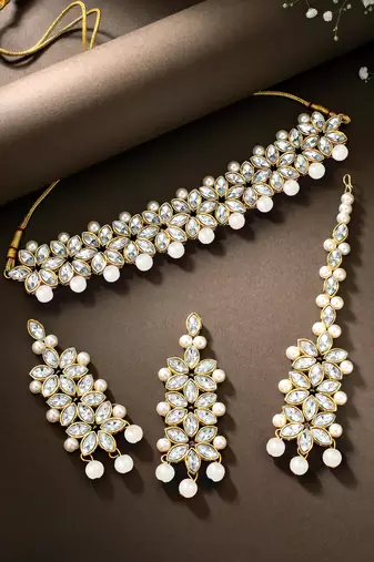 Aheli indian traditional kundan white pearl wedding bridal choker necklace with earring maang tikka