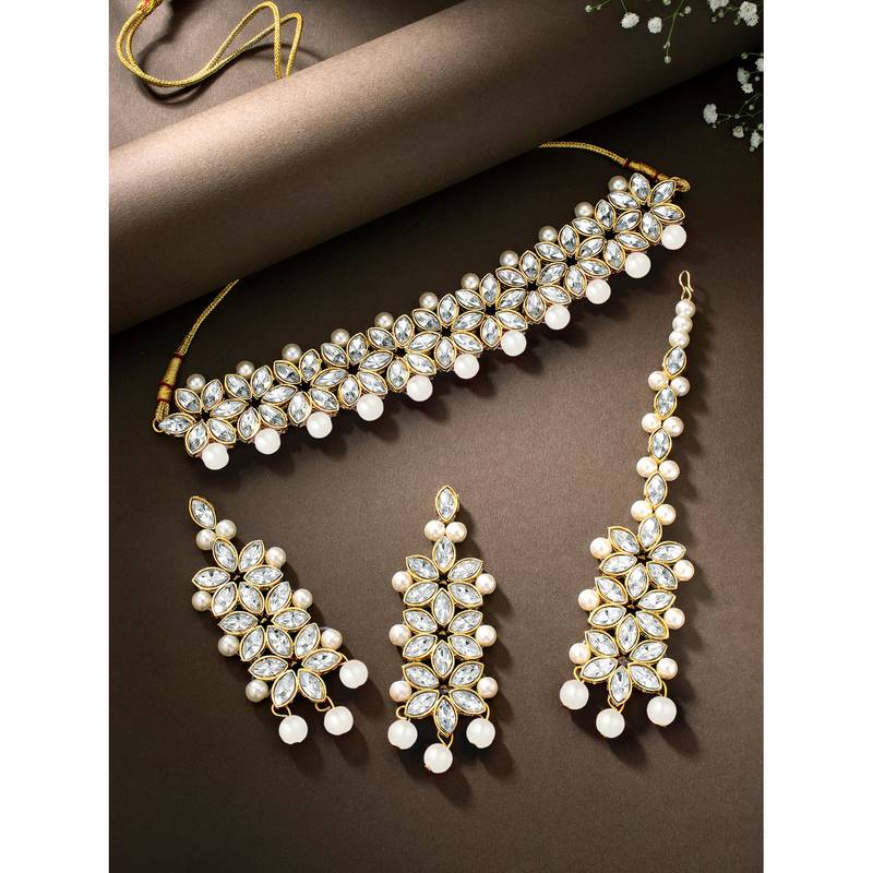 Aheli indian traditional kundan white pearl wedding bridal choker necklace with earring maang tikka