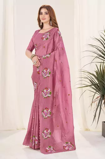 Pink embroidered blouse with embroidered saree