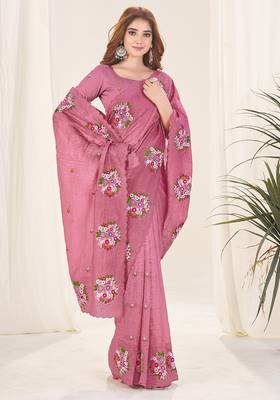Pink embroidered blouse with embroidered saree 5