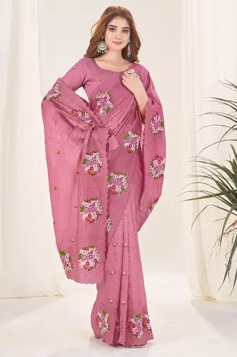 Pink embroidered blouse with embroidered saree