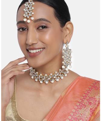 Aheli indian traditional kundan white pearl wedding bridal choker necklace with earring maang tikka 2