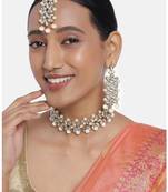 Aheli indian traditional kundan white pearl wedding bridal choker necklace with earring maang tikka