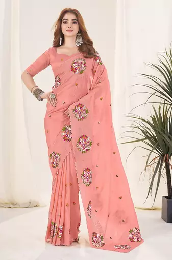 Peach embroidered blouse with embroidered saree