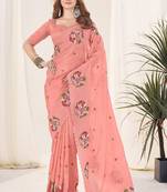 Peach embroidered blouse with embroidered saree