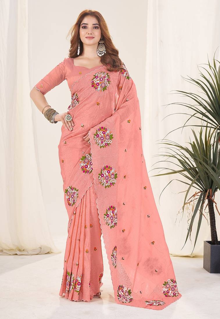 Peach embroidered blouse with embroidered saree