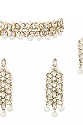 Aheli indian traditional kundan white pearl wedding bridal choker necklace with earring maang tikka