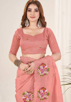 Peach embroidered blouse with embroidered saree 3
