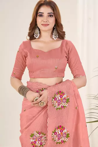 Peach embroidered blouse with embroidered saree
