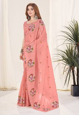 Peach embroidered blouse with embroidered saree 4