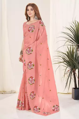 Peach embroidered blouse with embroidered saree