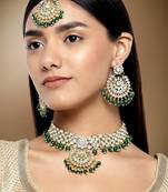 Aheli indian traditional green kundan bead choker necklace with earring mangtikka jewellery set