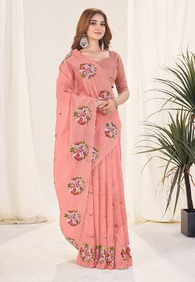 Peach embroidered blouse with embroidered saree 5