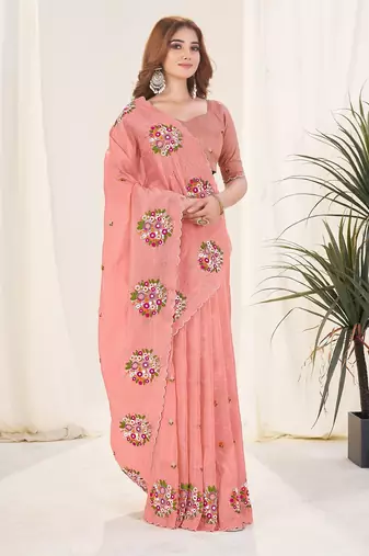 Peach embroidered blouse with embroidered saree