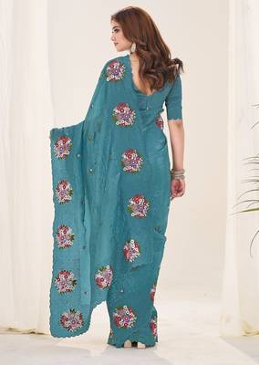 Teal embroidered blouse with embroidered saree 2