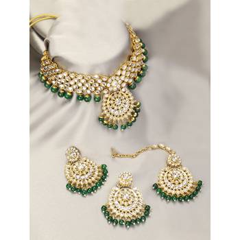 Aheli indian traditional green kundan bead choker necklace with earring mangtikka jewellery set 2