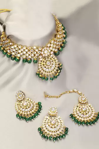 Aheli indian traditional green kundan bead choker necklace with earring mangtikka jewellery set