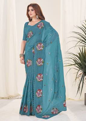 Teal embroidered blouse with embroidered saree 4
