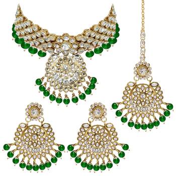 Aheli indian traditional green kundan bead choker necklace with earring mangtikka jewellery set 3