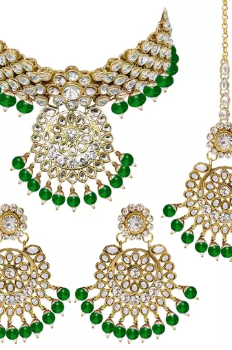 Aheli indian traditional green kundan bead choker necklace with earring mangtikka jewellery set