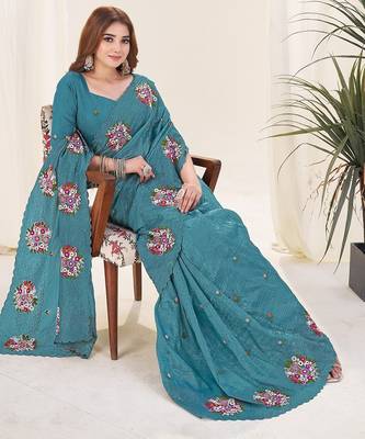 Teal embroidered blouse with embroidered saree 5