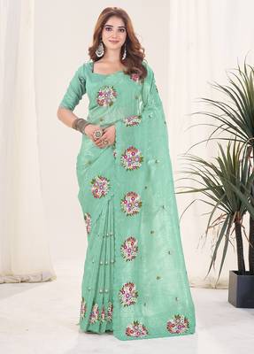 Blue embroidered blouse with embroidered saree 1