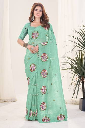 Blue embroidered blouse with embroidered saree