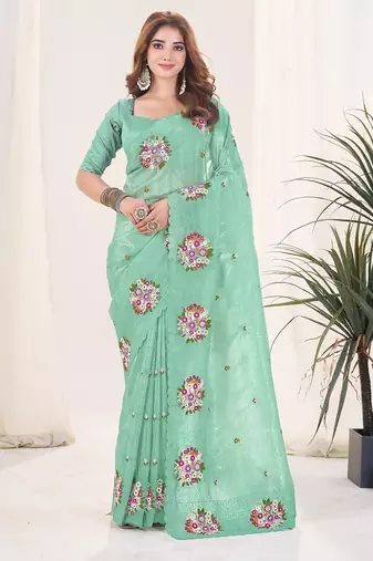 Blue embroidered blouse with embroidered saree
