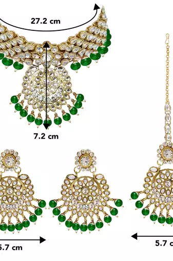 Aheli indian traditional green kundan bead choker necklace with earring mangtikka jewellery set