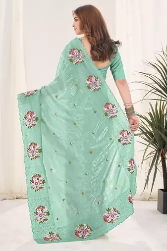 Blue embroidered blouse with embroidered saree