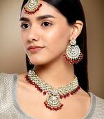 Aheli indian traditional maroon kundan bead choker necklace with earring mangtikka jewellery set