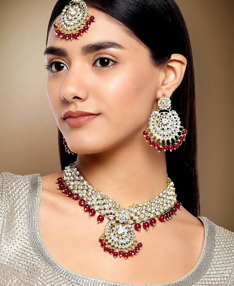 Aheli indian traditional maroon kundan bead choker necklace with earring mangtikka jewellery set