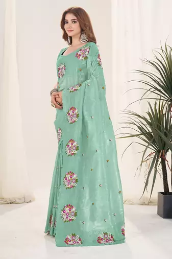Blue embroidered blouse with embroidered saree
