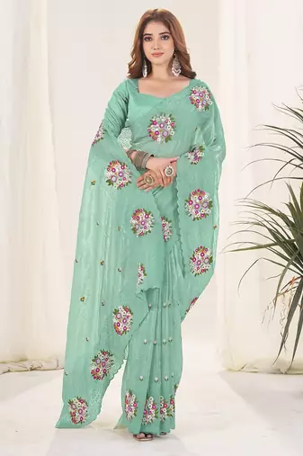 Blue embroidered blouse with embroidered saree