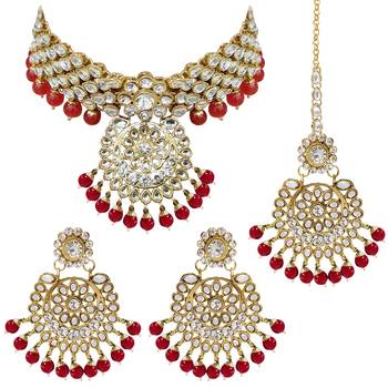 Aheli indian traditional maroon kundan bead choker necklace with earring mangtikka jewellery set 3