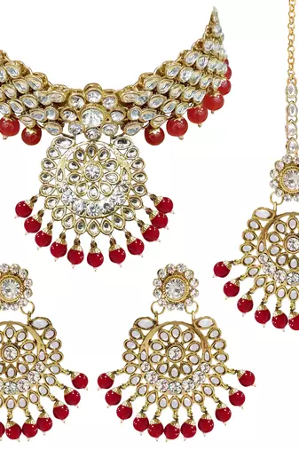 Aheli indian traditional maroon kundan bead choker necklace with earring mangtikka jewellery set