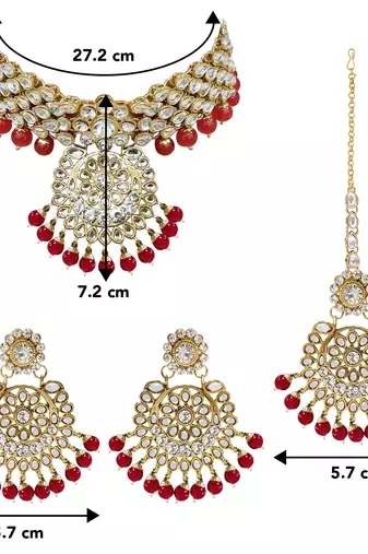 Aheli indian traditional maroon kundan bead choker necklace with earring mangtikka jewellery set