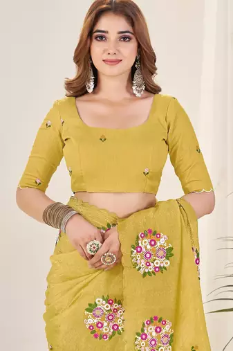 Yellow embroidered blouse with embroidered saree