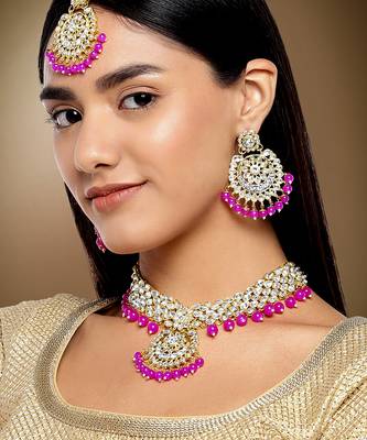 Aheli indian traditional kundan brass alloy bead choker necklace with earring mangtikka jewellery set 1