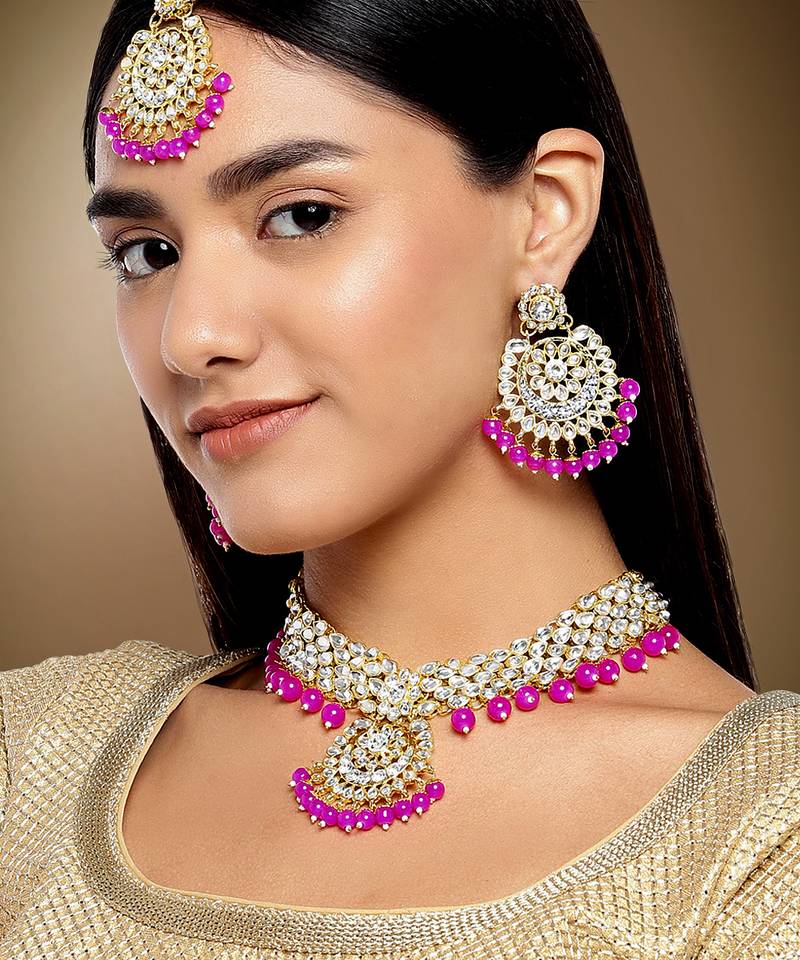 Aheli indian traditional kundan brass alloy bead choker necklace with earring mangtikka jewellery set