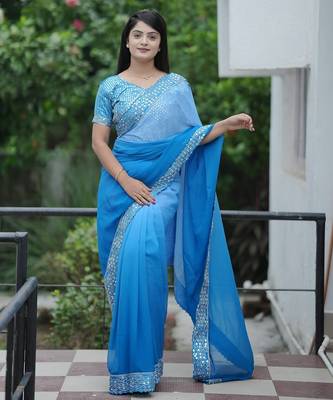 Blue embroidred with embellished blouse & saree 1
